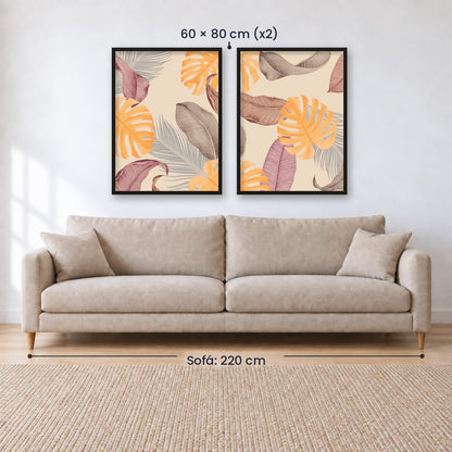 Set x 2 Cuadros abstractos, dorado, boho, monstera, plantas