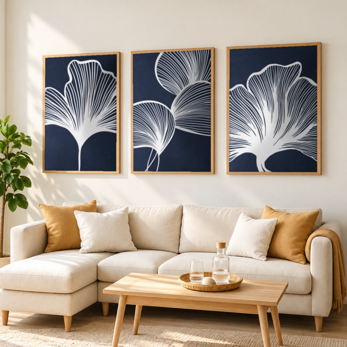 Set x3 Cuadros Abstractos, azul, flores