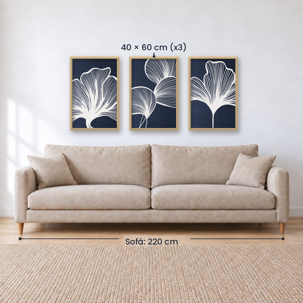 Set x3 Cuadros Abstractos, azul, flores