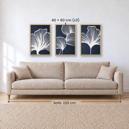 Set x3 Cuadros Abstractos, azul, flores