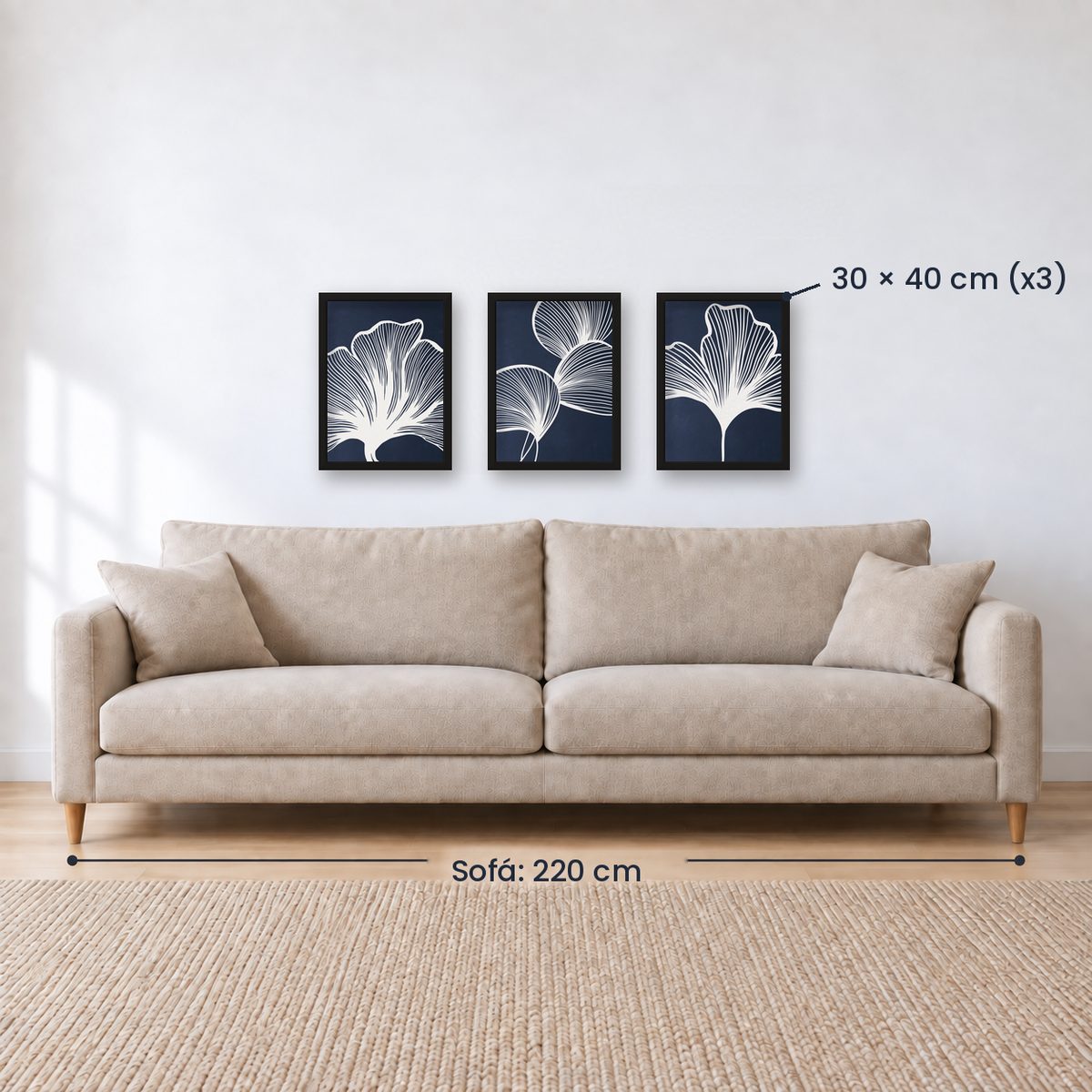 Set x3 Cuadros Abstractos, azul, flores