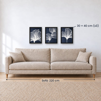 Set x3 Cuadros Abstractos, azul, flores