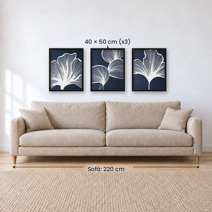 Set x3 Cuadros Abstractos, azul, flores
