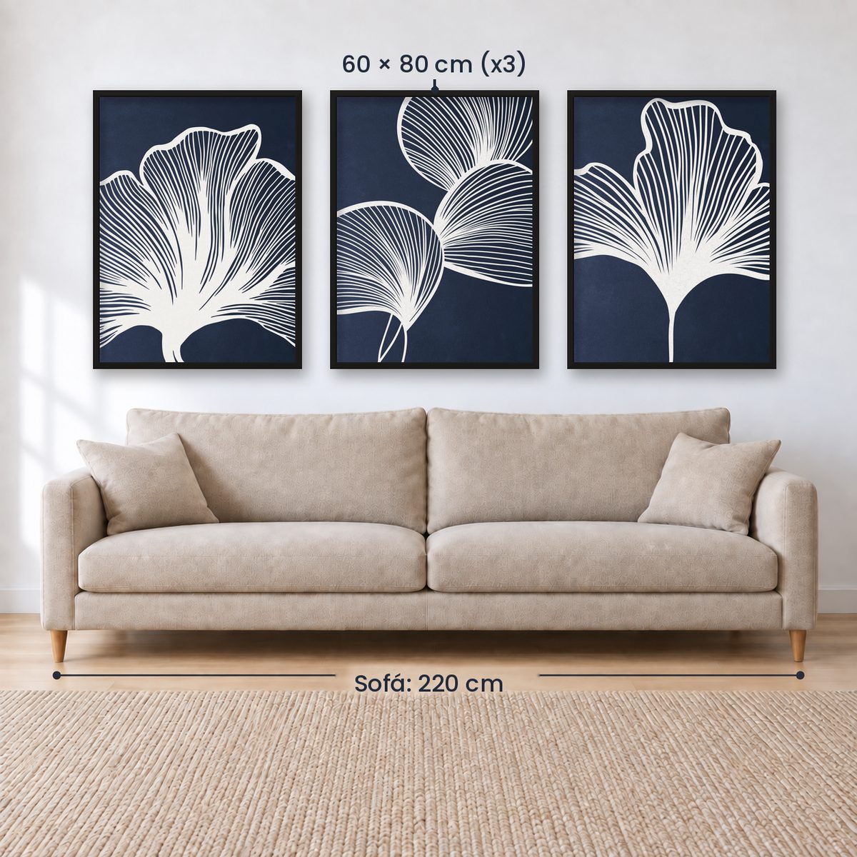 Set x3 Cuadros Abstractos, azul, flores