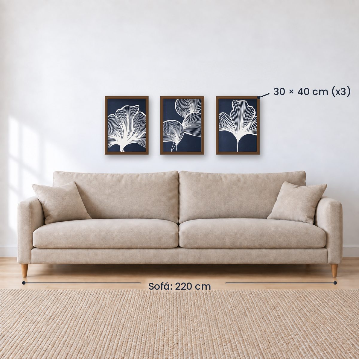 Set x3 Cuadros Abstractos, azul, flores
