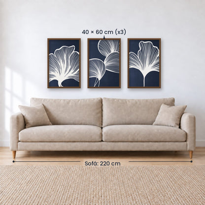 Set x3 Cuadros Abstractos, azul, flores