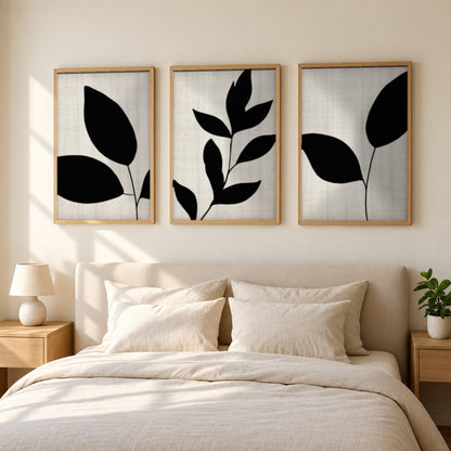Set x3 Cuadros Abstractos, blanco y negro, flores