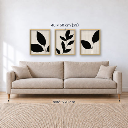 Set x3 Cuadros Abstractos, blanco y negro, flores