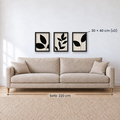 Set x3 Cuadros Abstractos, blanco y negro, flores