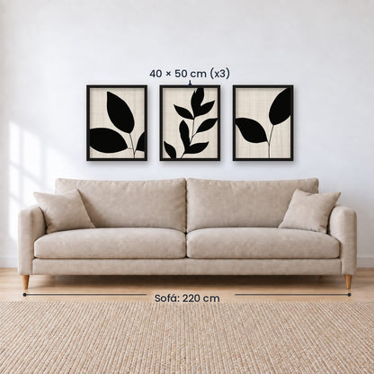Set x3 Cuadros Abstractos, blanco y negro, flores