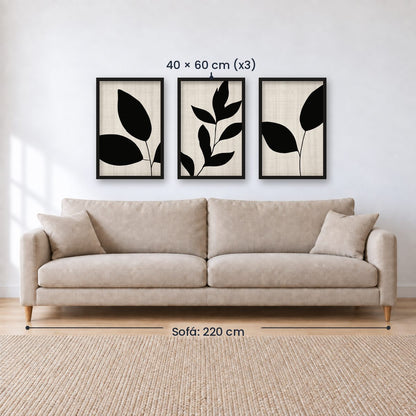 Set x3 Cuadros Abstractos, blanco y negro, flores