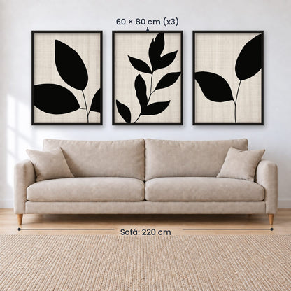 Set x3 Cuadros Abstractos, blanco y negro, flores