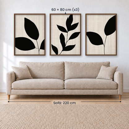Set x3 Cuadros Abstractos, blanco y negro, flores