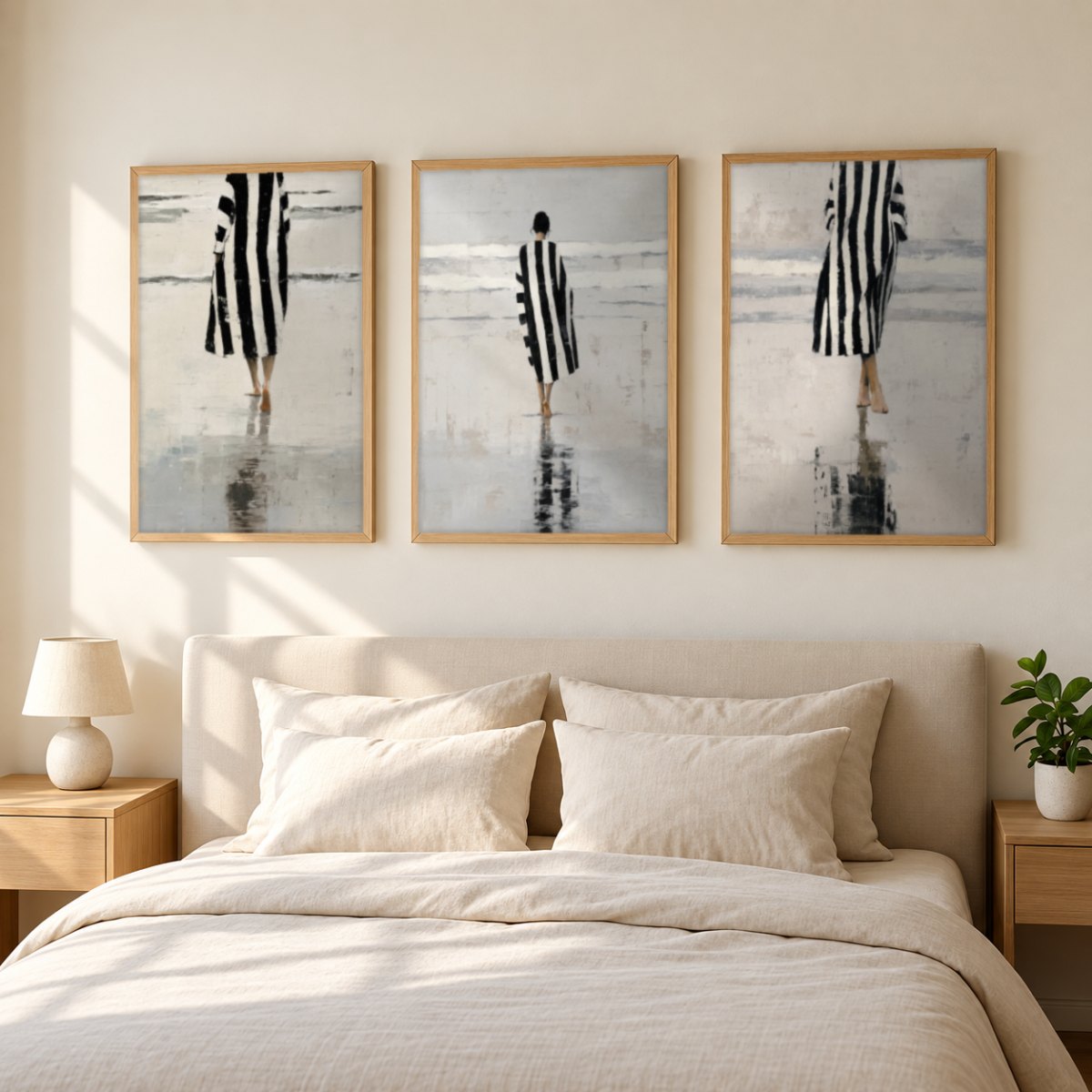 Set x3 Cuadros Abstractos Ilustración Mujer Blanco y negro Playa