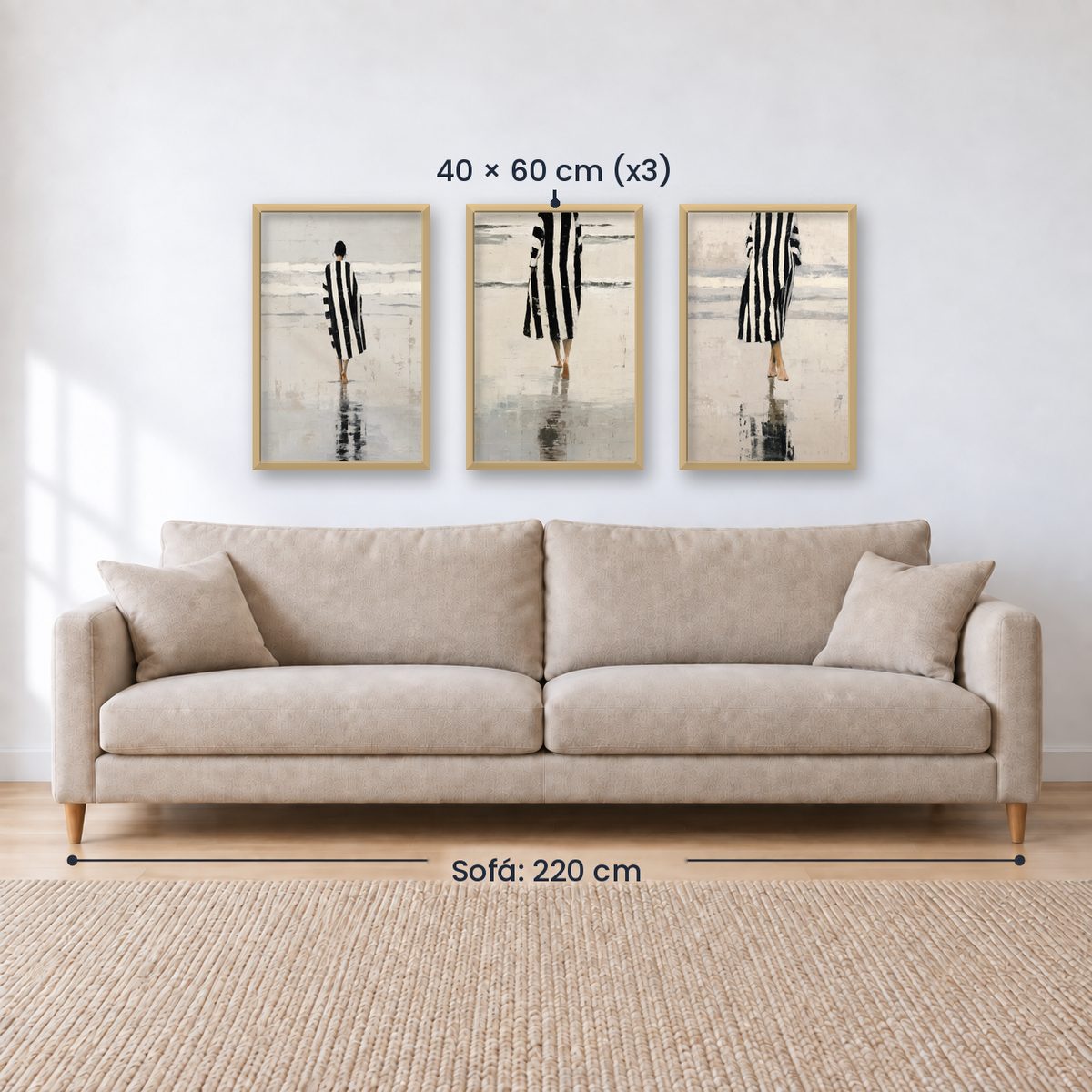 Set x3 Cuadros Abstractos Ilustración Mujer Blanco y negro Playa