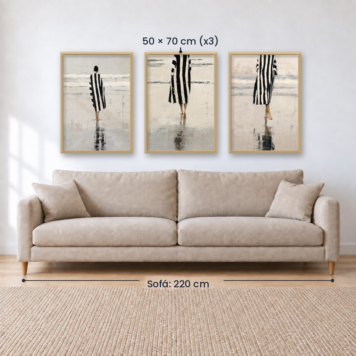 Set x3 Cuadros Abstractos Ilustración Mujer Blanco y negro Playa