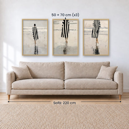 Set x3 Cuadros Abstractos Ilustración Mujer Blanco y negro Playa