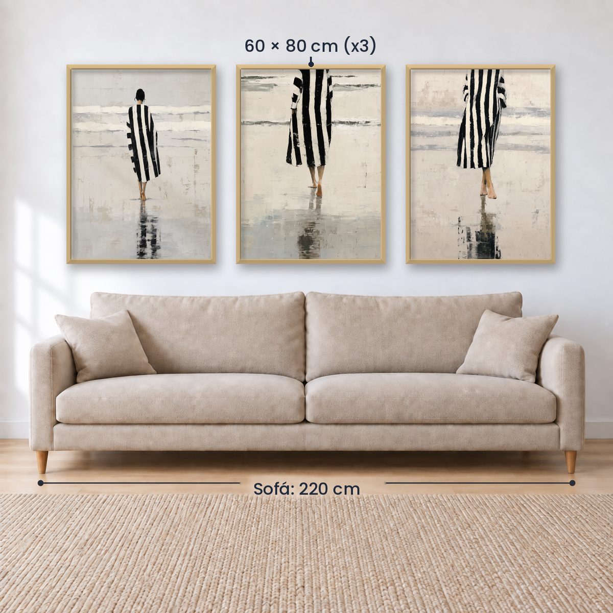 Set x3 Cuadros Abstractos Ilustración Mujer Blanco y negro Playa