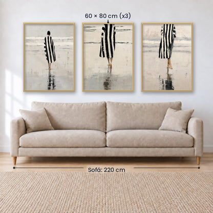 Set x3 Cuadros Abstractos Ilustración Mujer Blanco y negro Playa