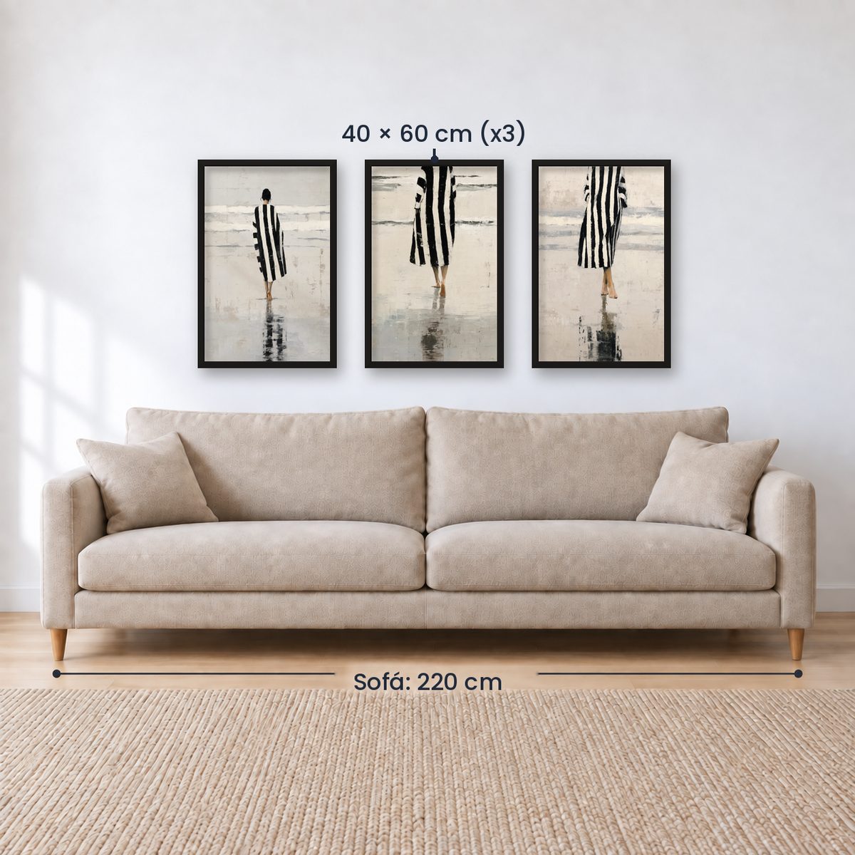 Set x3 Cuadros Abstractos Ilustración Mujer Blanco y negro Playa