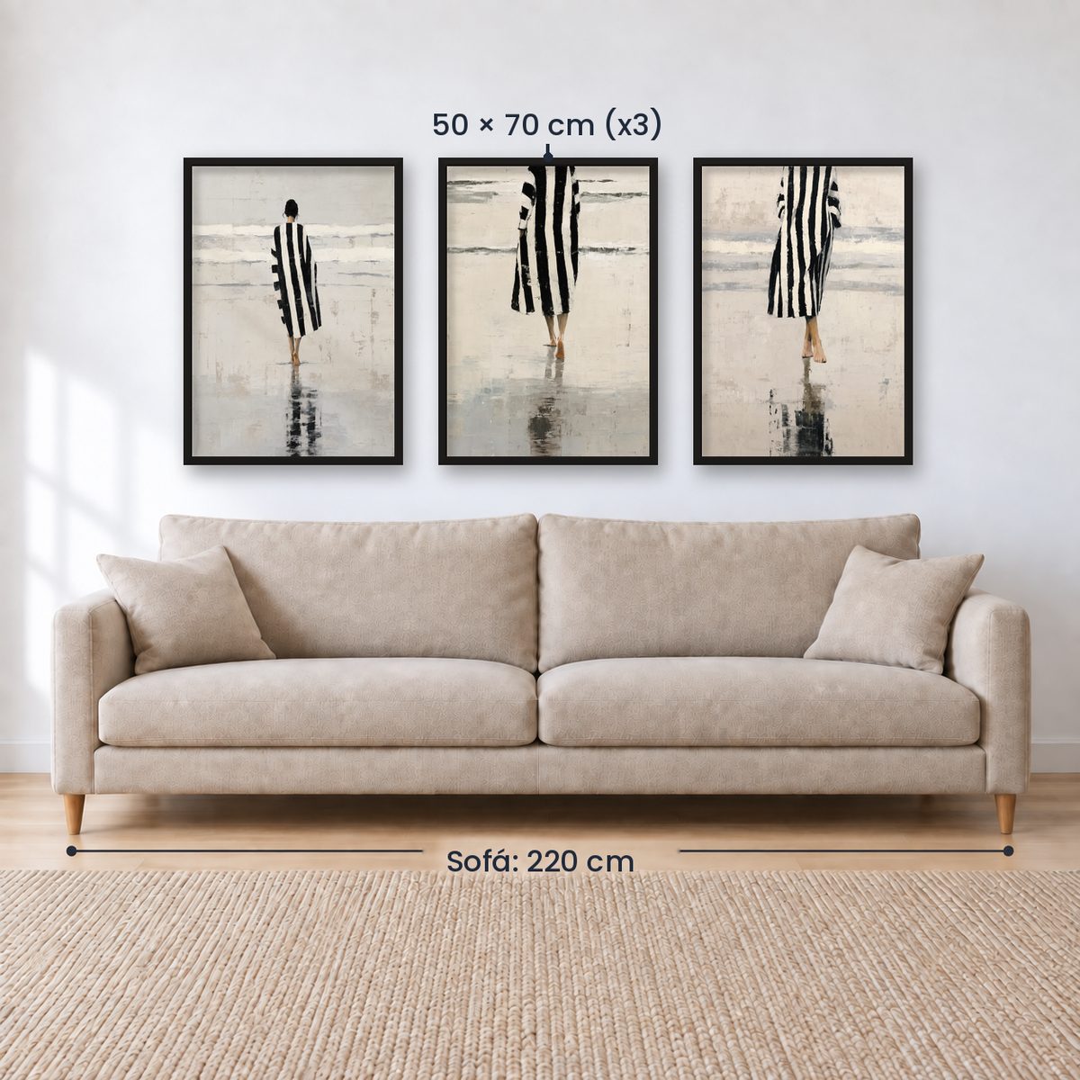 Set x3 Cuadros Abstractos Ilustración Mujer Blanco y negro Playa
