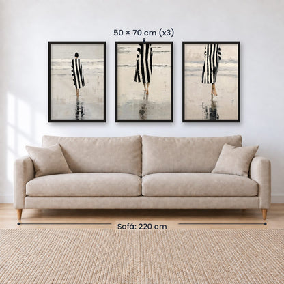 Set x3 Cuadros Abstractos Ilustración Mujer Blanco y negro Playa