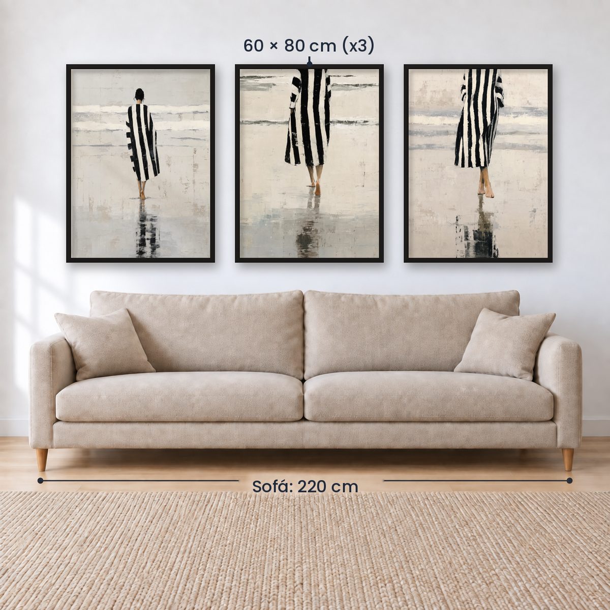 Set x3 Cuadros Abstractos Ilustración Mujer Blanco y negro Playa