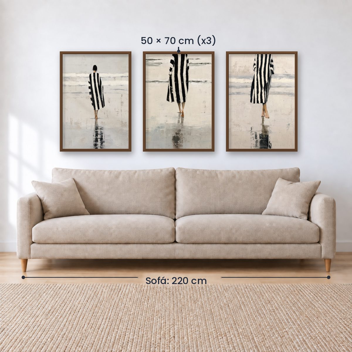 Set x3 Cuadros Abstractos Ilustración Mujer Blanco y negro Playa