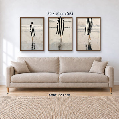 Set x3 Cuadros Abstractos Ilustración Mujer Blanco y negro Playa