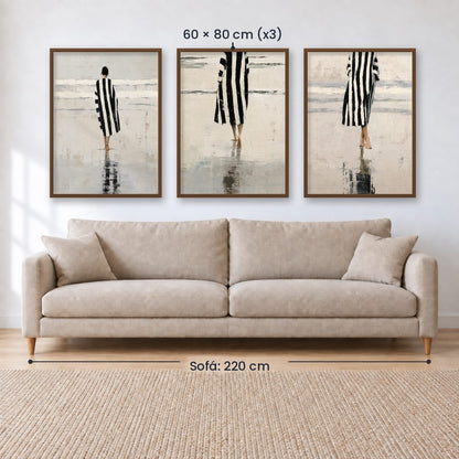Set x3 Cuadros Abstractos Ilustración Mujer Blanco y negro Playa