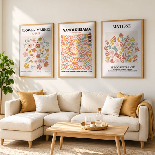 Set x3 Cuadros Abstractos, Matisse, Yayoi Kusama, Flower Market, Colores