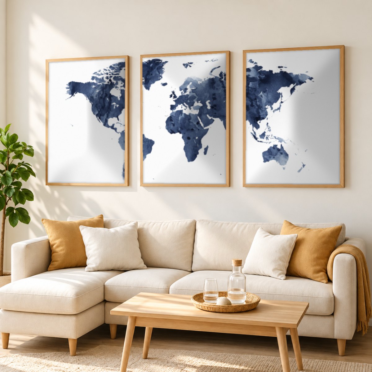 Set x3 Cuadros Decorativos Maps, Mapa del mundo azul
