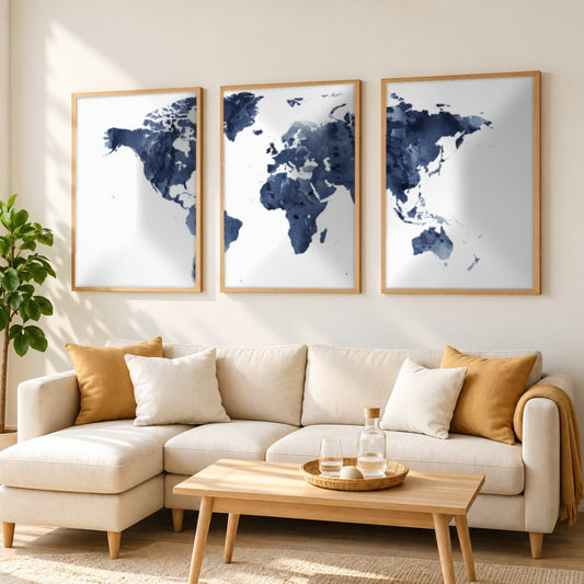 Set x3 Cuadros Decorativos Maps, Mapa del mundo azul