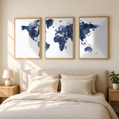 Set x3 Cuadros Decorativos Maps, Mapa del mundo azul