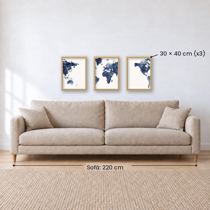 Set x3 Cuadros Decorativos Maps, Mapa del mundo azul