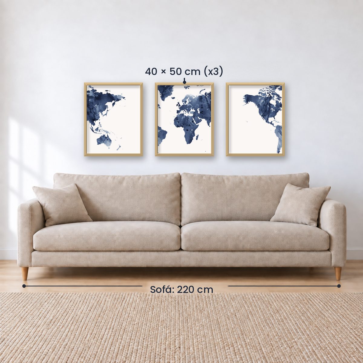 Set x3 Cuadros Decorativos Maps, Mapa del mundo azul