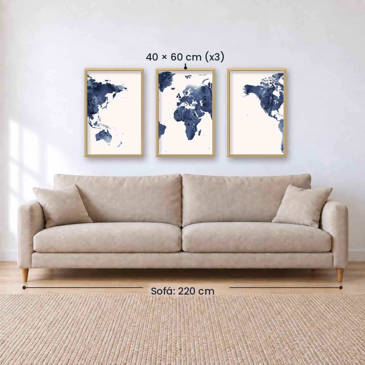 Set x3 Cuadros Decorativos Maps, Mapa del mundo azul
