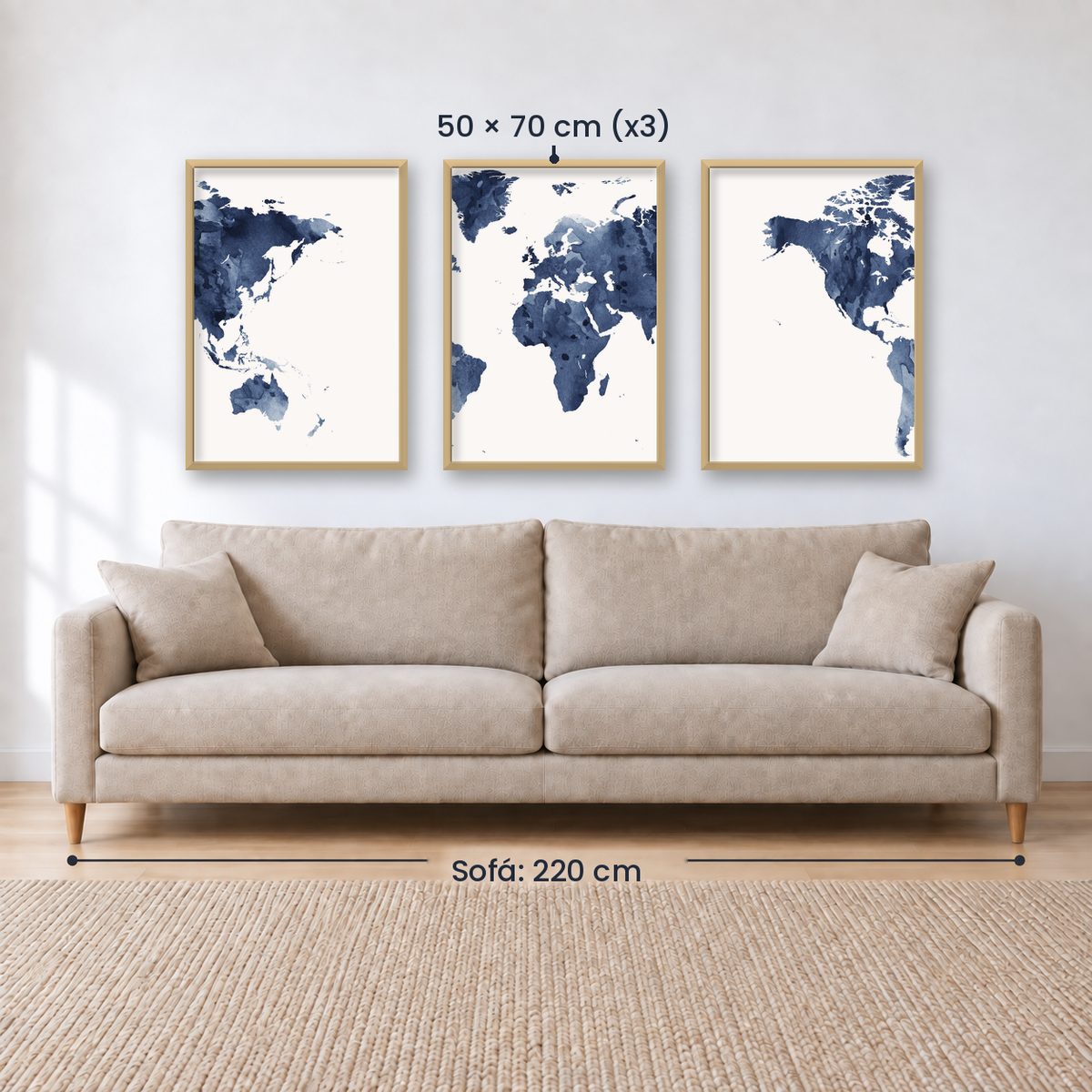 Set x3 Cuadros Decorativos Maps, Mapa del mundo azul