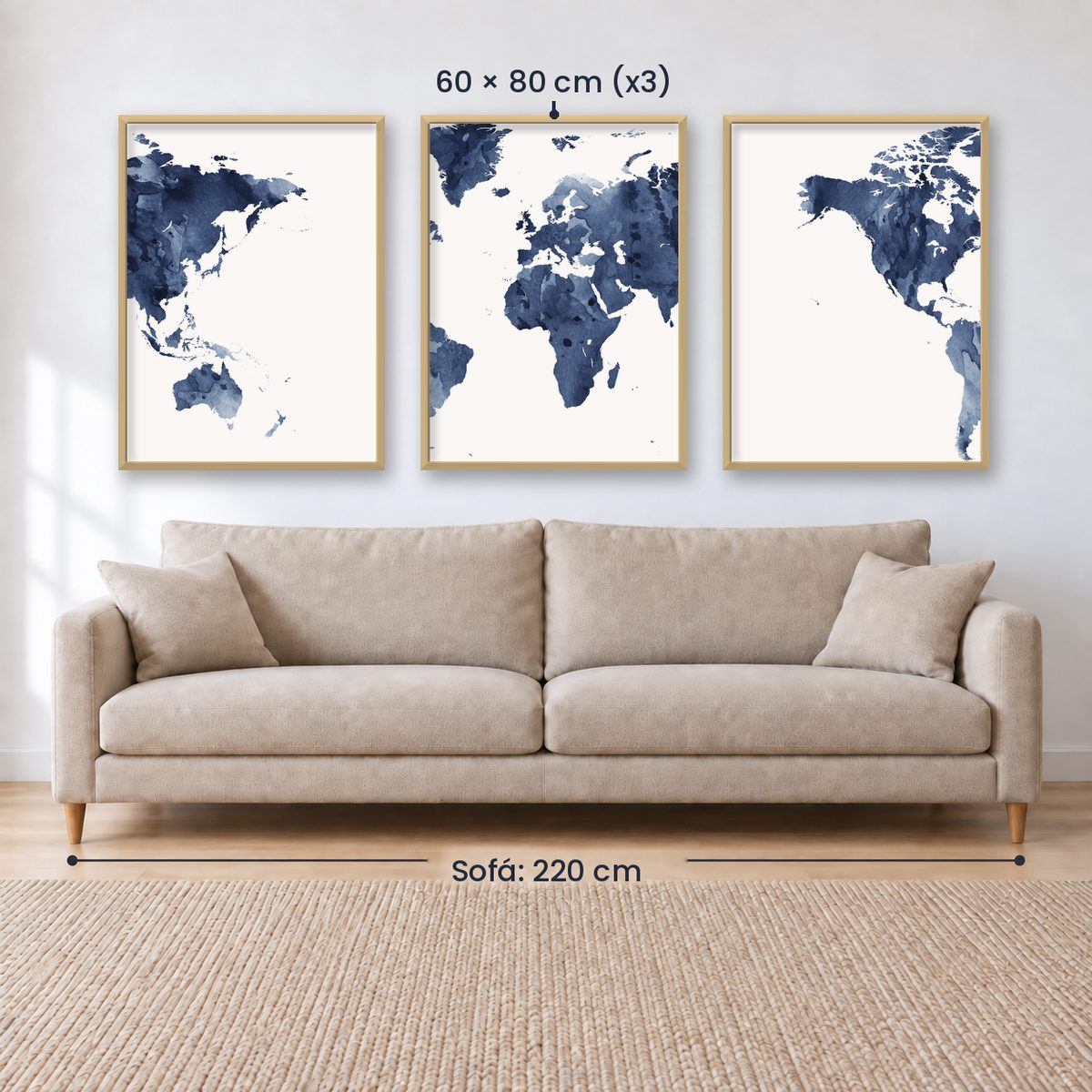Set x3 Cuadros Decorativos Maps, Mapa del mundo azul