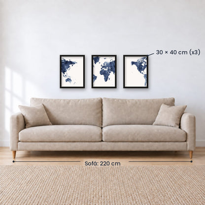 Set x3 Cuadros Decorativos Maps, Mapa del mundo azul