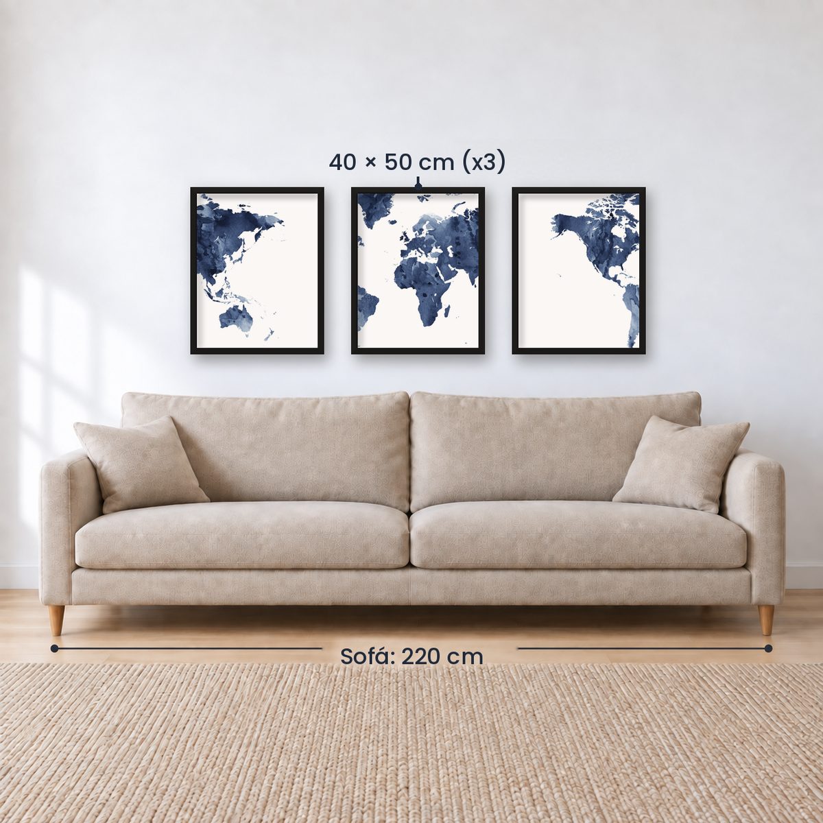 Set x3 Cuadros Decorativos Maps, Mapa del mundo azul