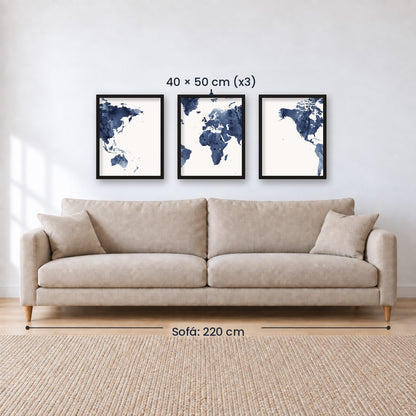Set x3 Cuadros Decorativos Maps, Mapa del mundo azul