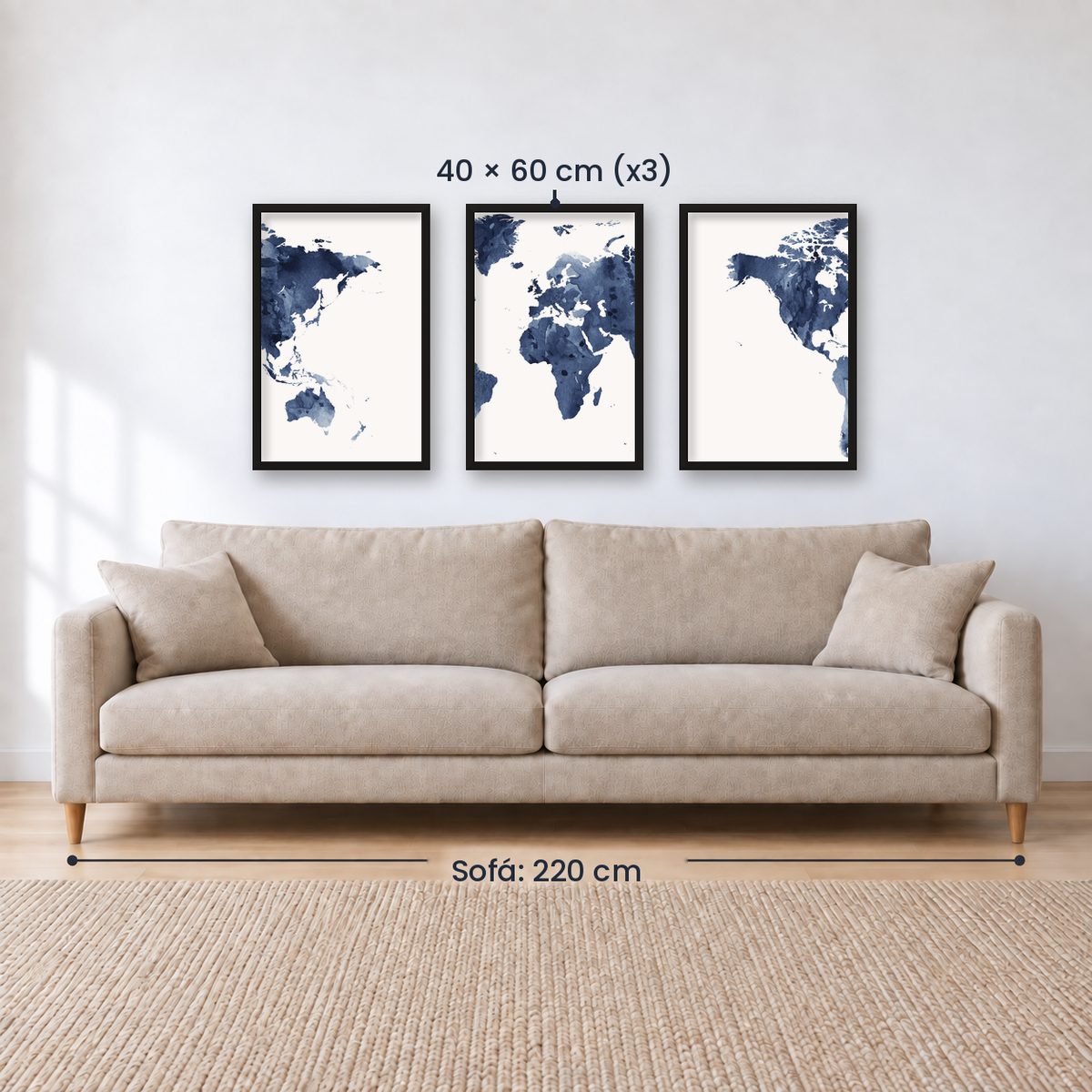 Set x3 Cuadros Decorativos Maps, Mapa del mundo azul