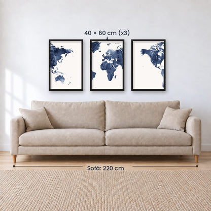 Set x3 Cuadros Decorativos Maps, Mapa del mundo azul