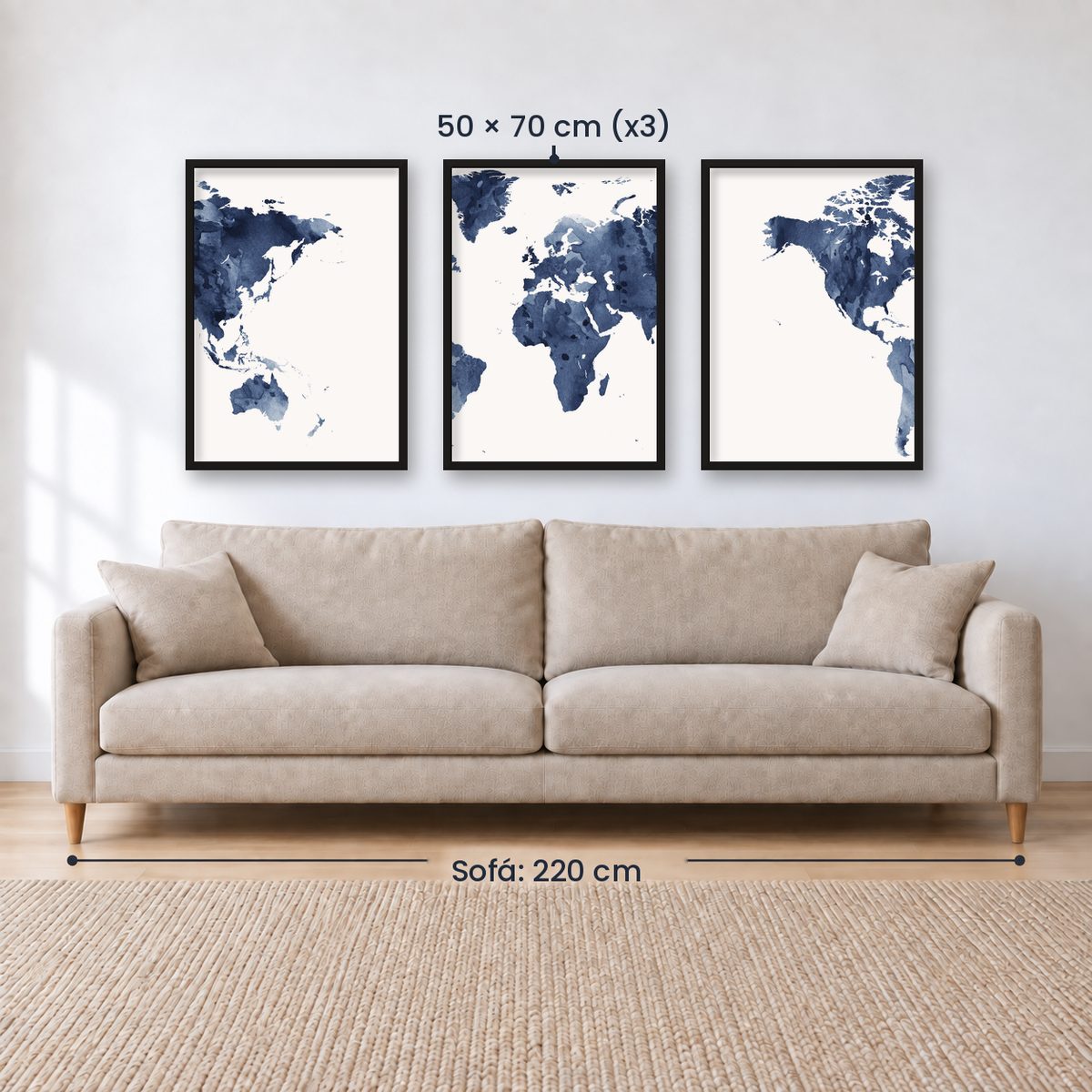 Set x3 Cuadros Decorativos Maps, Mapa del mundo azul