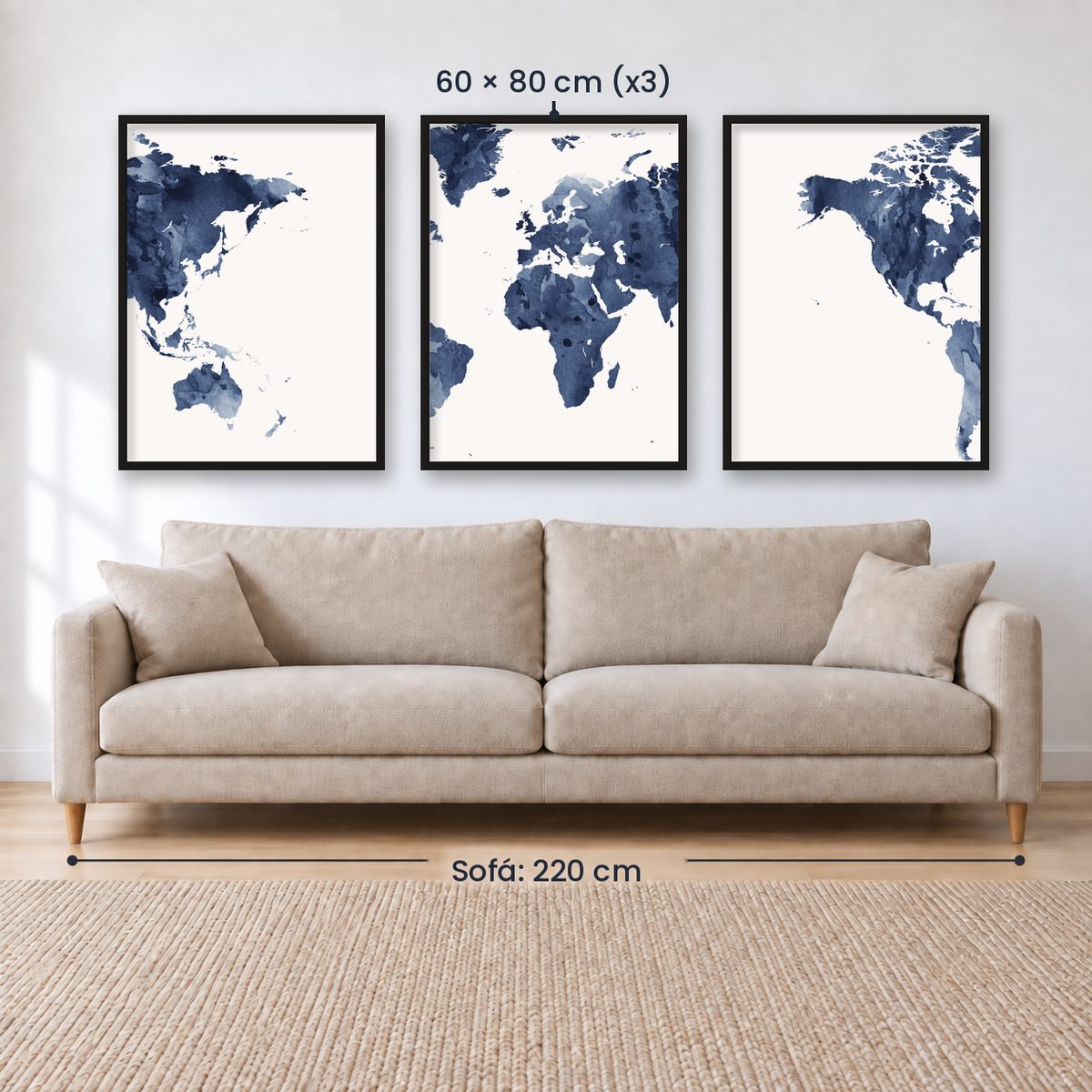 Set x3 Cuadros Decorativos Maps, Mapa del mundo azul