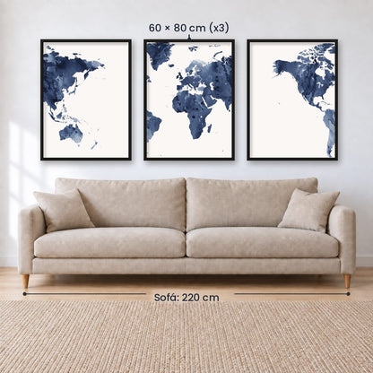 Set x3 Cuadros Decorativos Maps, Mapa del mundo azul