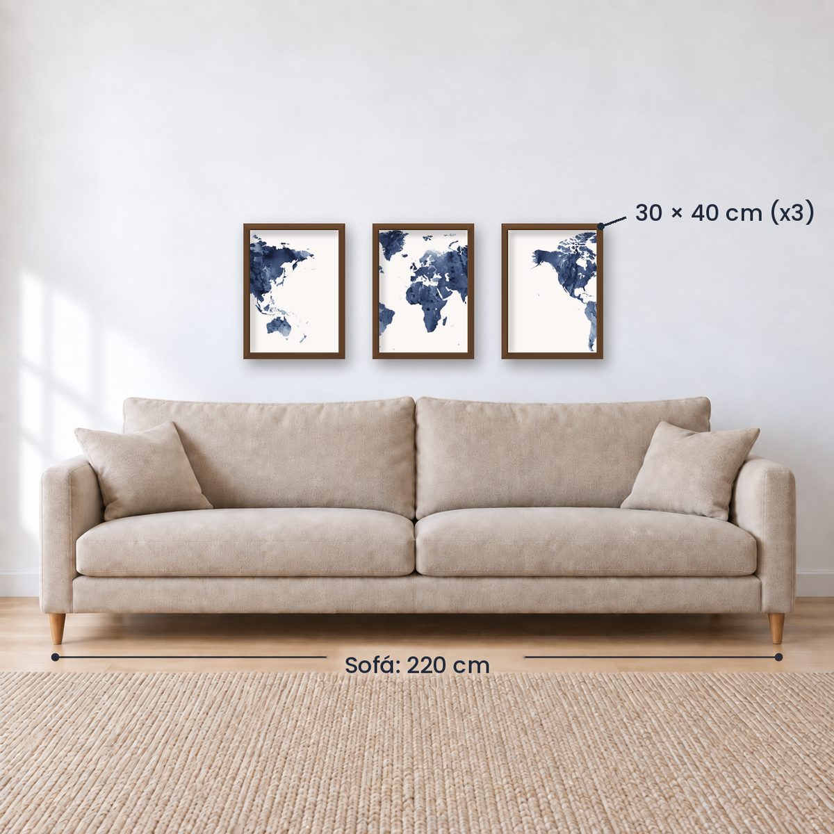 Set x3 Cuadros Decorativos Maps, Mapa del mundo azul