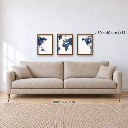 Set x3 Cuadros Decorativos Maps, Mapa del mundo azul