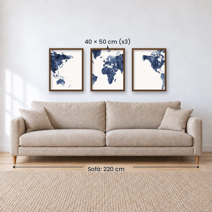 Set x3 Cuadros Decorativos Maps, Mapa del mundo azul